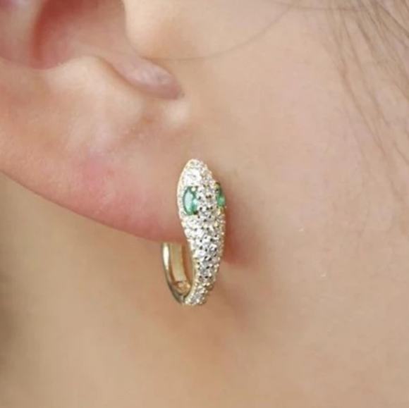 🐍Serpent Snake Hoop Stacking 925 Sterling Silver Yellow Gold Green Zircon Pave - Picture 2 of 16